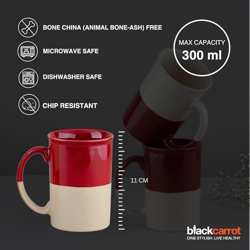 Image of BLACKCARROT Ceramic Red White Coffee Mug Set of 2, 300ml, Microwave Safe | 300ml ceramic coffee mugs set of 2, bone china free and microwave safe, ideal for tea, coffee and everyday gifting.