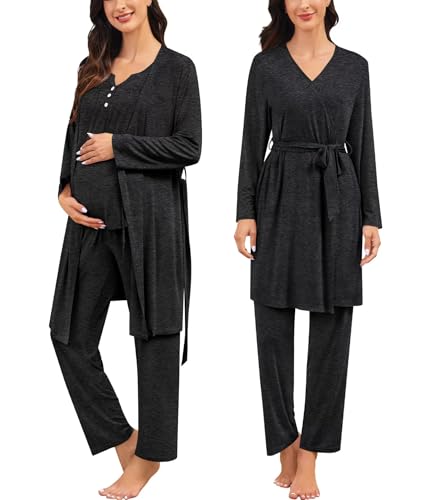 Image of SWOMOG Maternity Nursing Pajamas Set 3 Piece Breastfeeding 3 in 1 Labor Delivery Sleevless Tops Long Pants Pregnancy Pjs