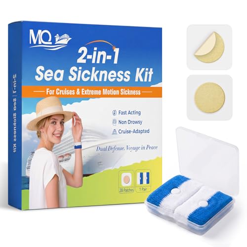 MQ 1Pair Motion Sickness Wrist Bands Utilizing Acupressure Method and 28ct Sea Sickness Patches, Motion Sickness Wristbands for Cruise & Flight, Travel Essentials Non-Drowsy, Effective, Long-Lasting