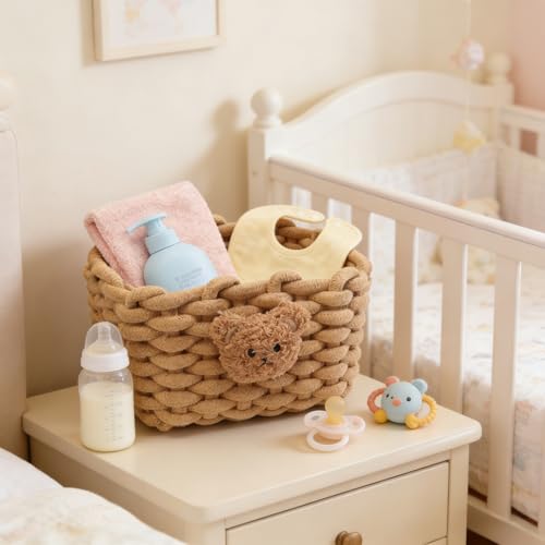 Aufbewahrungskorb Geflochten Baumwolle Strickkorb，mit Bärenmotiv Aufbewahrungskorb Weiß - Badezimmer Organizer，für Schreibtisch, Schminktisch, für Schränke,Bad,Küche (brown)