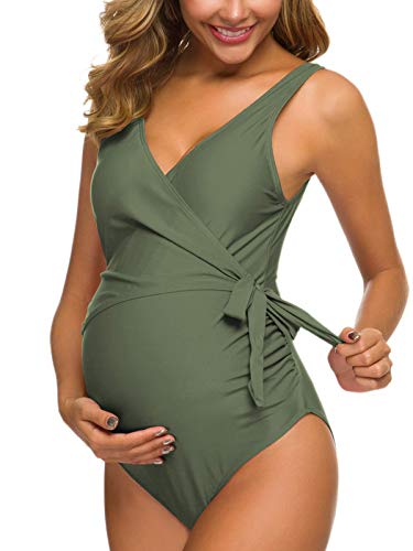 Tempotrek Maternity Swimsuit One Piece Elegant V Neck Pregnancy Swimwear Tie Front Bowknot Bathing Suit Monokini #TOP1