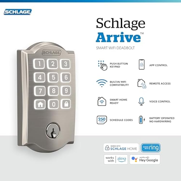 Schlage Arrive Smart WiFi Deadbolt Lock with Keypad, Keyless Entry Front Door Lock, App Control, Alexa and Google Home Compatible, Satin Nickel, BE459WB CAM 619