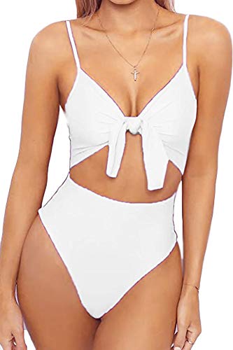 Qearal Womens One Piece Swimsuits Cut Out Monokini Tummy Control Bathing Suit (L, 09 White)