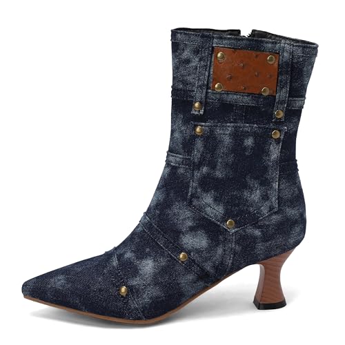 BEAUPAS Women's Denim Kitten Heel Boots Pointed Toe Low Heel Ankle Boots Chunky Vintage Zip Shoes(Dark Blue,8)2