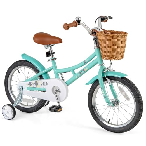 Image of BABY JOY Retro Kids Bike, 12 14 16 18 Inch Child Bike for 3-8 Years Old w /Rattan Basket, Adjustable Height, Training Wheels, Fenders, Handbrake Coaster Brake, 95% Pre-Assembled Kids Bicycle for Girls