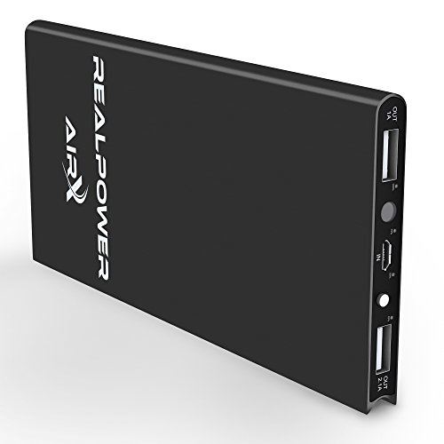 Realpower Airx Premium Ultra-thin Portable Iphone Charger with Free 5 in 1 Adapters for Iphone 6s, 6 Plus, 6, 5s, 5c, 5, Ipad, Galaxy S6, S5. 10000mah Aluminum Dual Usb. (Black)