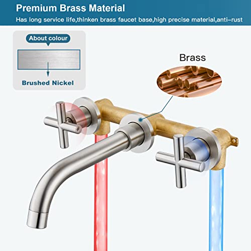 Bathroom Sink Faucet Brushed Nickel Wall Mounted Dual Cross Handles 3 Holes Widespread Vanity Sink Mixer Tap Lavatory Brass Basin Mixing Faucets With Rough In Valve Included Swivel Spout #TOP1