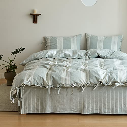 BISELINA Striped Duvet Cover Set 2pcs 100% Washed Cotton Linen Like Textured with Bowknot Bow Ties Strap Reversible Breathable Soft Comfy Chic Yarn Dyed Bedding (Twin, Grayish Green)