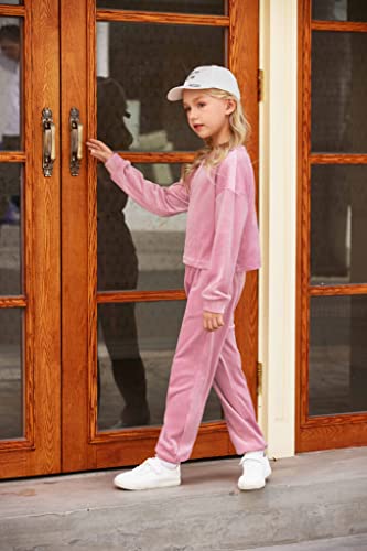 Arshiner Girls 2Pc Outfits Long Sleeve Soft Velvet Tracksuits For Kids Plain Sweatshirts Workout Sets Active Wear Pink Size 11-12Y #TOP3