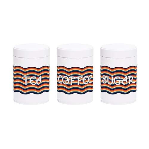Colourful Retro Waves Tea, Coffee & Sugar Canister Set - Stylish Rainbow Stripes Kitchen Storage with White Screw Top Lid - 750ml Gift