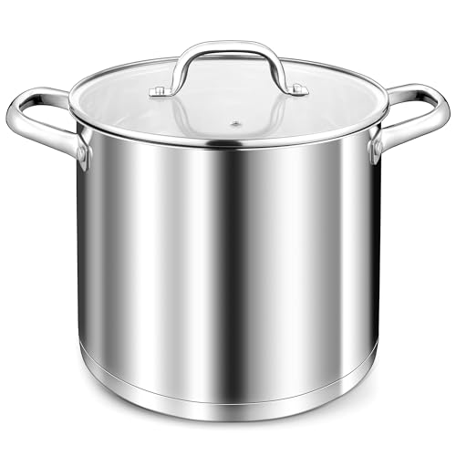 TEAMFAR olla 10L, olla grande de acero inoxidable para pasta de inducción con base de 3 capas para todo tipo de cocinas, tapa de cristal, olla sopera de 24cm olla para carne para cocinar