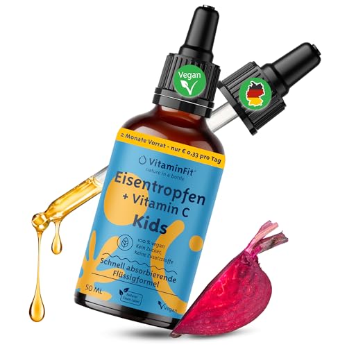 VitaminFit Eisen-Tropfen für Kinder mit Vitamin C flüssig vegan zuckerfrei ohne Zusatzstoffe hohe Bioverfügbarkeit 100% natürlich und pflanzlich Vorrat für 2 Monate (50 ml)