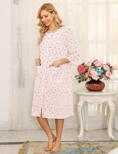 Image of Bloggerlove House Dress Women Cotton Snap Front Nightgown 3 /4 Sleeve Housecoat Duster Robe with Pockets Moomoo Patio Dress