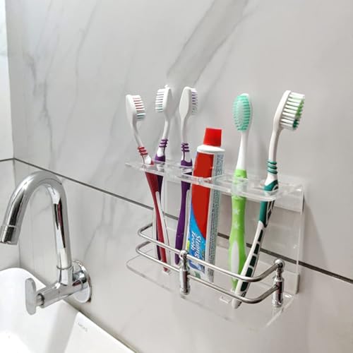 Image of self Adhesive Wall Mounted Acrylic Toothpaste Holder,Toothbrush Stand,Toothpaste Tubler for Bathroom Organizer Rack for Home(Clear Acrylic)