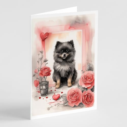 Caroline's Treasures DAC4524GCA7P Black Pomeranian Valentine Roses Greeting Cards Pack of 8 Blank Cards with Envelopes Whimsical A7 Size 5x7 Blank Note Cards