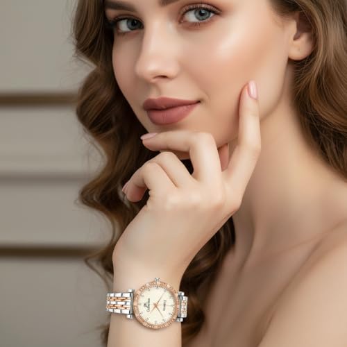 Image of IIK COLLECTION Watches for Women Round Studded Dial |Analogue Quartz Movemnet Ladies Watch|Long Battery Life|Stainless Steel Adjustable Bracelet Chain Strap|Double Lock Clasp Safety Watches for Girls