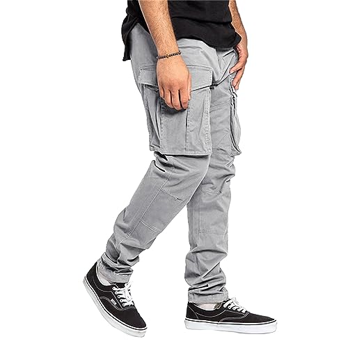 Men Cargo Pants with Pockets Solid Color Loose Drawstring Jogger Sweatpants Casual Trousers for Streetwear2