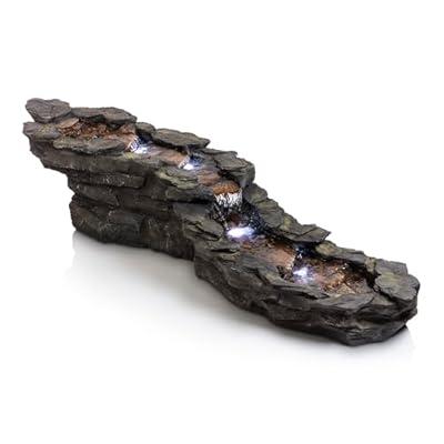 Alpine Corporation TZL240 76" Long Outdoor Tiered Rocky River Stream Water Fountain with LED Lights – Garden Waterfall Feature for Patio, Yard & Backyard Décor, Brown