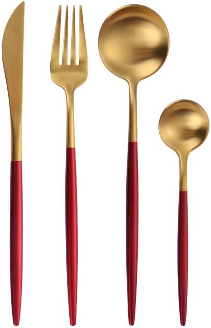Silverware Flatware Set, 4/16/24 Piece 304 Stainless Steel Portuguese Western Cutlery Knife And Fork Set Red Gold Steak Knife, Fork And Spoon(16 Pieces for 4)