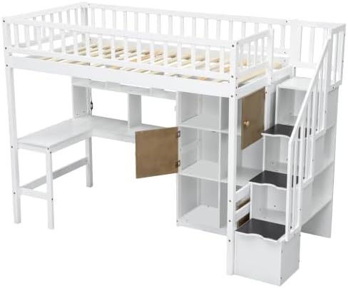Twin Size Loft Bed with LED Desk and Staircase, Wooden Loft Bed Frame with Storage Cabinets and Shelves for Kids Teens (White)