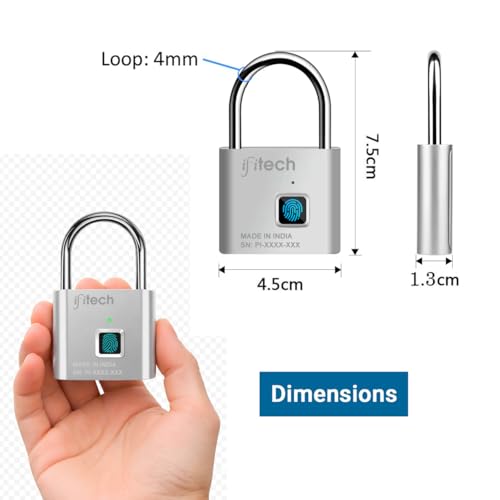 Image of IFITech Smart Fingerprint Padlock, Biometric Keyless Lock with 20 Fingerprint Storage, Rechargeable | Ideal for Personal Spaces and Travel Needs (Small-Silver)