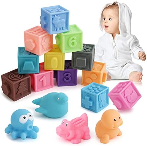 Yutin Baby Blocks, 16 PCS Soft Stacking Building Block Set for Toddlers Boys Girls, Squeeze Toy Gift for 6 to 12 Months Up Infants Age 1 Year Old