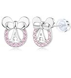 Pendientes de tuerca con inicial para mujer, plata de ley 925, circonita cúbica rosa, aretes de letra del alfabeto, chapados en oro de 14 quilates, hipoalergénicos, Plata de ley, Circonia cúbica