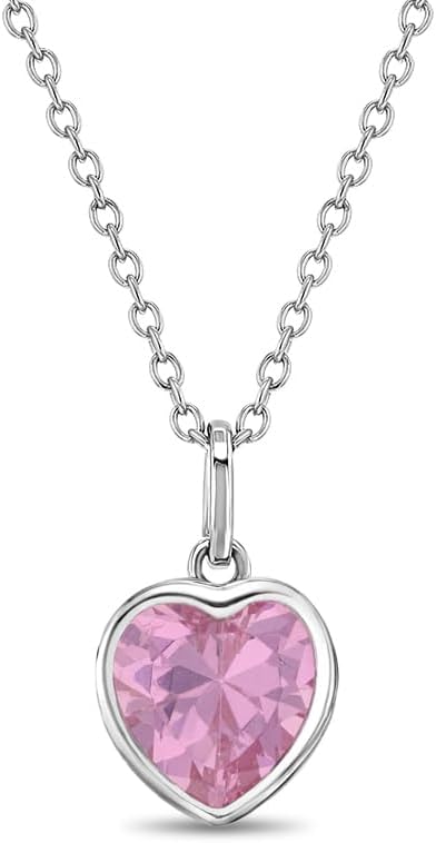 925 Sterling Silver Small Simulated Birthstone Heart Shaped Pendant Necklace For Girls 16" - Lovely Heart Shaped Cubic Zirconia For A Young Girl - Sweet Jewelry Gifts For Girls Birthday