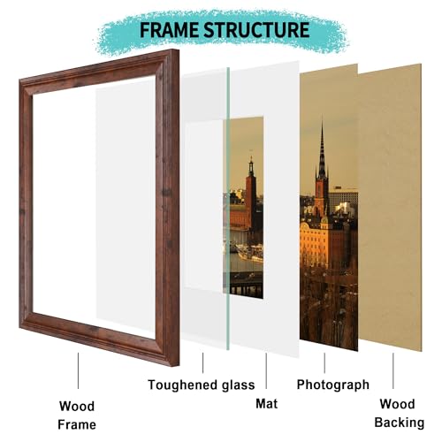 Image of iRahmen 11x14 Vintage Picture Frame with Mat 8x10 - High Definition Tempered Glass Wooden Photo Frames for Wall Mounting (Brown, Set of 4)
