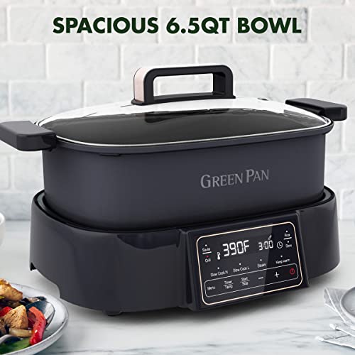 Greenpan 6.5Qt Multi-Cooker Skillet Grill & Slow Cooker, 8-In-1 Presets To Saute,Steam, Grill, Stew,Slow Cook, Stir-Fry,Heat, & Cook Rice, Healthy Ceramic Nonstick & Dishwasher Safe Parts, Matte Black #TOP5