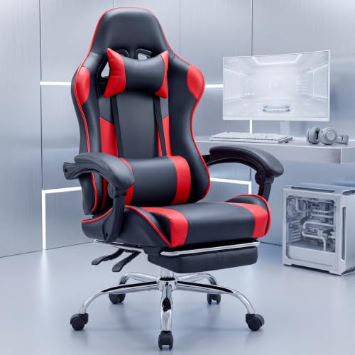 Image of Computer Gaming Chair with Footrest, Ergonomic High Back PU Leather Video Game Chair with Adjustable Headrest & Lumbar Support, Racing for Office and Home, Red