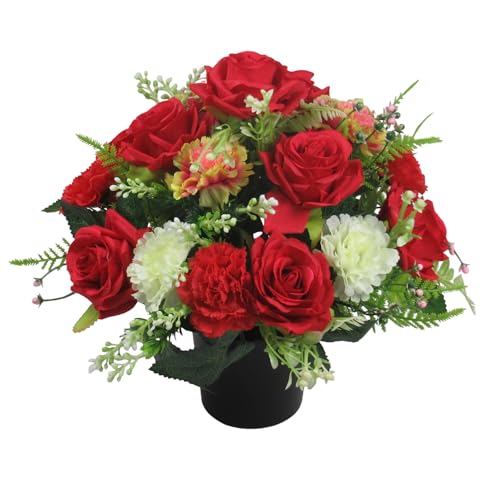 Artificial Grave Flower Arrangement with Red Roses and Carnations - 25cm - Long Lasting Outdoor Arrangement for the Autumn and Winter