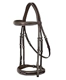 Exion Hunter Anatomic English Bridle – Padded Fancy Stitched Leather Bridle with Rubber Reins – Ergonomic Poll Relief Crownpiece for Jumping & Eventing – Stainless Steel – Havana Brown