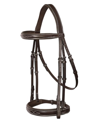 Exion Hunter Anatomic English Bridle for Horses – Padded Fancy Stitched Leather Bridle with Braided Reins – Ergonomic Poll Relief Crownpiece Horse Tack, Havana Brown, Cob Full Oversize
