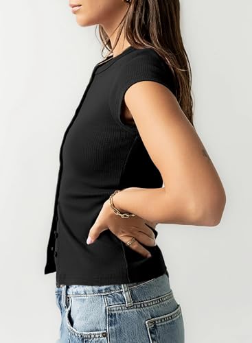 Sidefeel Women's Short Sleeve Tops Ribbed Button Down Crewneck Slim Fitted Casual Summer T Shirts - Image 4