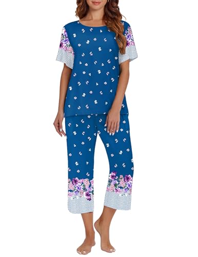 Image of Ekouaer Women's Two Piece Lounge Set Short Sleeve Shirt and Capri Pants Mumu Pajama with Pockets Loungewear Pjs Sets S-2XL