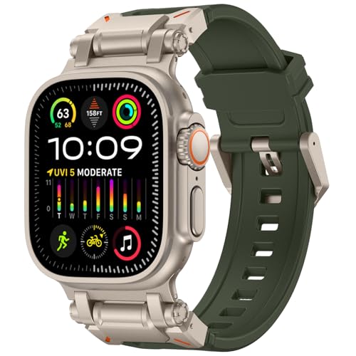 FULLIFE for Apple Watch Band for Apple Watch Ultra Band Apple Watch Ultra 2 49mm for Men, Silicone Rubber Bands for Series 9/8/SE2/7/6/SE/5/4/3/2/1 45mm 44mm 42mm Stainless Steel Metal Connector Band