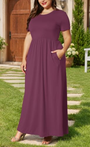 Image of KARALIN Women Plus Size Maxi Dress Short Sleeve Round Neck Loose Fit A-Line | Plus Size Long Dress,Summer Casual Maxi Dresses,Short Sleeve,Side Pockets,Round Neck,Elastic Waist,14 Plus - 26 Plus