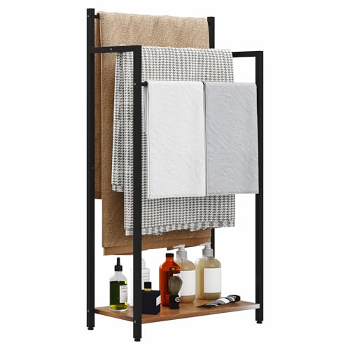 yeavs Freestanding Towel Rack, 3 Tier Blanket Ladder Stand with Rustic Brown Wooden Shelf for...