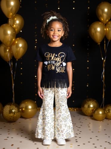 Image of Unique Baby 2 Piece Girls Bell Bottom Leggings Outfit with Short Sleeved Shirt Kid and Toddler Clothes Set