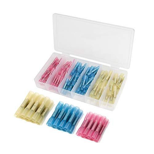100Pcs Electrical Wire Splice Cable Crimp Terminals Connectors AWG 22-10 Waterproof Heat Shrink Butt Connectors Kit