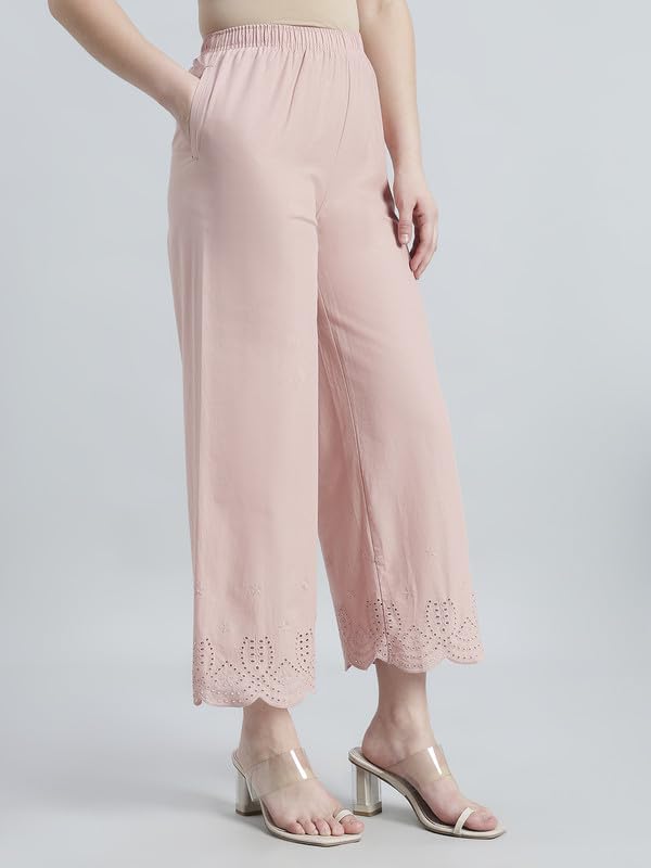 Image of GO COLORS Women's Cotton Hakoba Palazzo | Ankle Length, Schiffli Embroidery, Relaxed Fit, Mid-Rise with Side Pocket