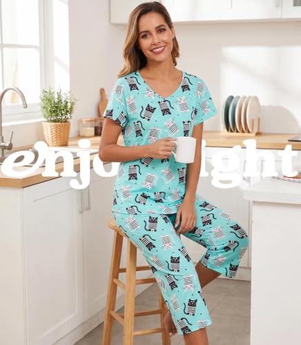 Image of ENJOYNIGHT Womens Pajama Sets Cotton Pj Set Short Sleeve Top With Capri Pants Sleepwear 2 Piece Lounge Set