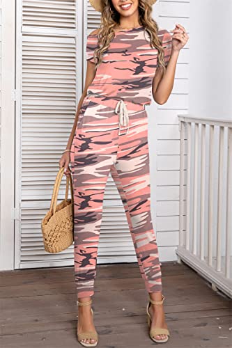 Lainab Womens Casual Elastic Waist Off Shoulder Summer Jumpsuits Camo Pink L #TOP3