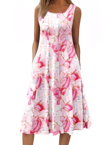 Image of HOTOUCH Summer Casual Dresses for Women Sleeveless Midi Dress Swing Tank Sundress Pleated Tshirt Dress with Pockets