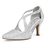 mysoft Women's Dress Shoes Closed Toe 3 Inch Heels Cross Strap Stiletto Pumps Wedding Prom Party Evening Formal Shoes Silver