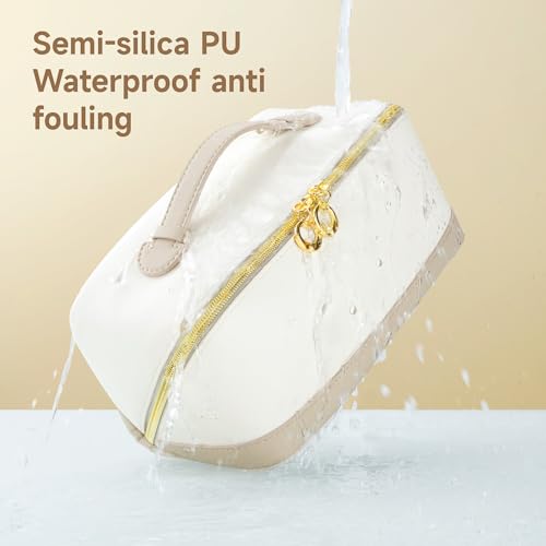 Travel Makeup Bag,Large Capacity Cosmetic Bags for Women,Waterproof Portable Pouch Open Flat Toiletry Bag Make up Organizer with Divider and Handle (khaki)4