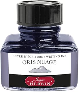 Jacques Herbin - Ref 13008T - Ink for Fountain Pens & Rollerball Pens - Gris Nuage / Cloud Grey - 30ml Bottle with Integrated Pen Rest - Grey-Coloured Ink