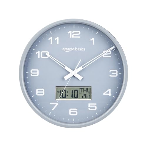 Image of Amazon Basics 12.5 Inch Analog Digital Wall Clock with LCD Display | Day Date Month Temperature | Silent Sweep Quartz Movement | Large Easy Read Numbers | Dual Battery Operated for Home Office (Grey)