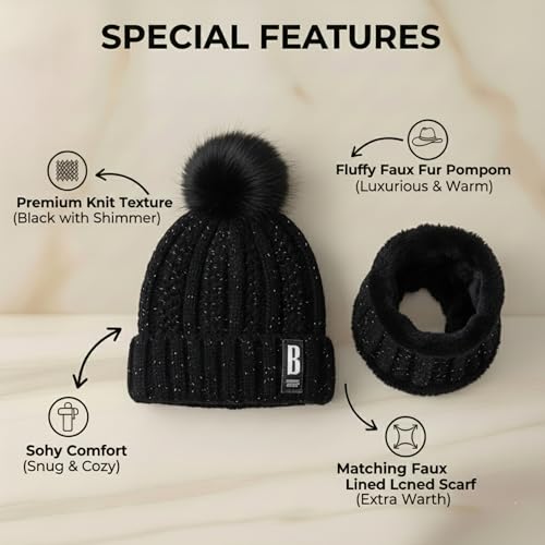 Image of Kraptick Women's Winter Beanie Cap and Scarf Set with Soft Fleece Lining, Thick Cable Knit Woolen Cap for Ladies & Neck Warmer for Extreme Cold Stylish Pom Pom Hat & Scarf Set -7